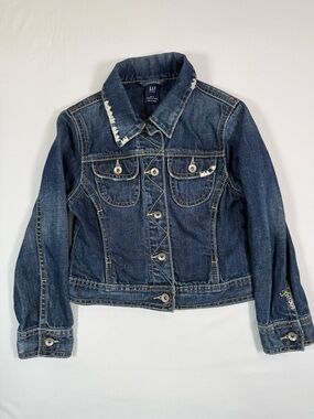 VINTAGE GAP Girls Denim Trucker Jacket 6-7 Embroidered 1969 Classic Jean Y2K